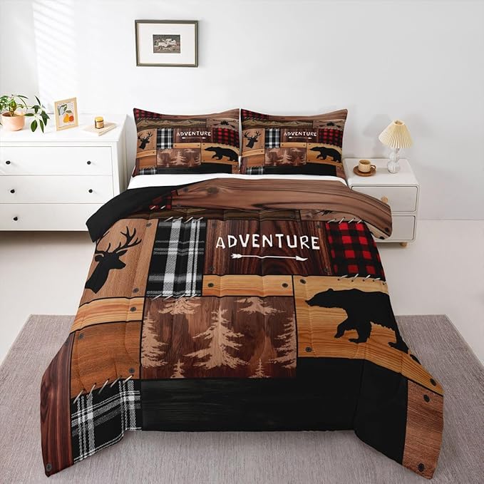 Feelyou Bear Deer Bedding Set Soft for Boys Girls, Wildlife Hunting Comforter Set Toddler Size Rustic Cabin Duvet Quilt Microfiber Farmhouse Bedroom Decor 2 Pcs with 1 Pillow Cases
