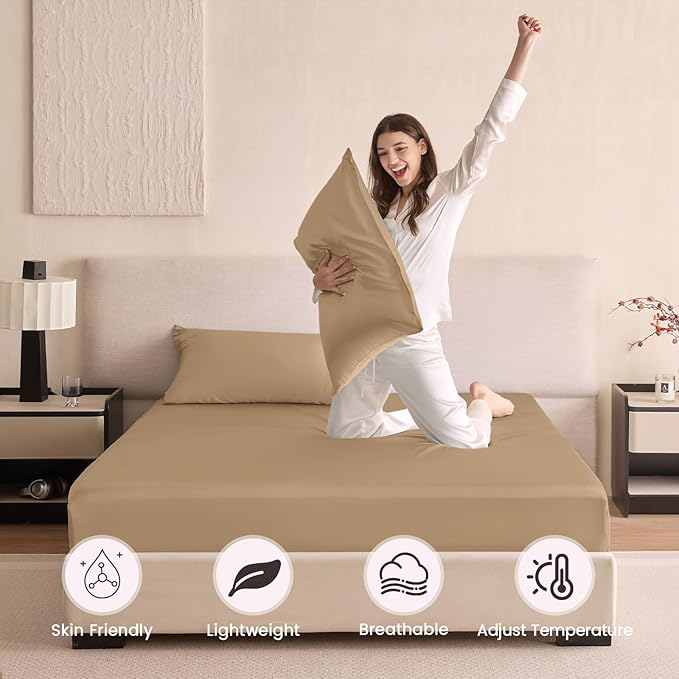 THXSILK 6A+ Top Grade 100% Pure Mulberry Silk Cal. King Fitted Sheet 3Pcs Set Bed Sheets Luxury Bedding for Hair and Skin Soft Breathable Cooling, 1 Fitted Sheet with 2 Pillowcases, Taupe