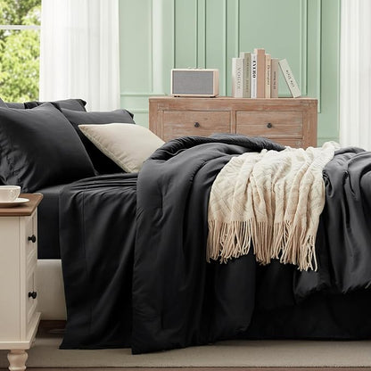 Anluoer Black Twin Comforter Set 5 Pieces, Bed in a Bag with Sheets, All Season Bedding Sets with 1 Comforter, 1 Pillow Sham, 1 Pillowcase, 1 Flat Sheet, 1 Fitted Sheet