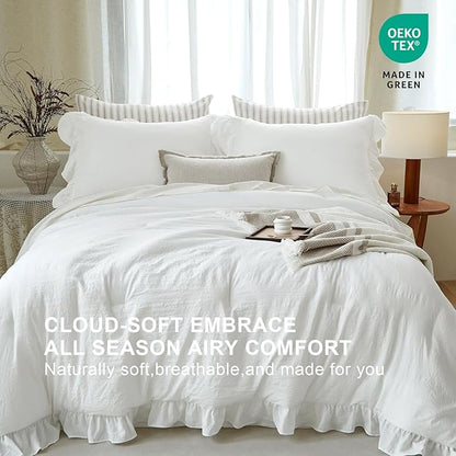 White Ruffle Comforter Set Twin, Pre-Washed Shabby Chic Bedding Set, Lightweight Cottagecore Soft Romantic Cozy 1 Comforter & 1 Sham, All-Season