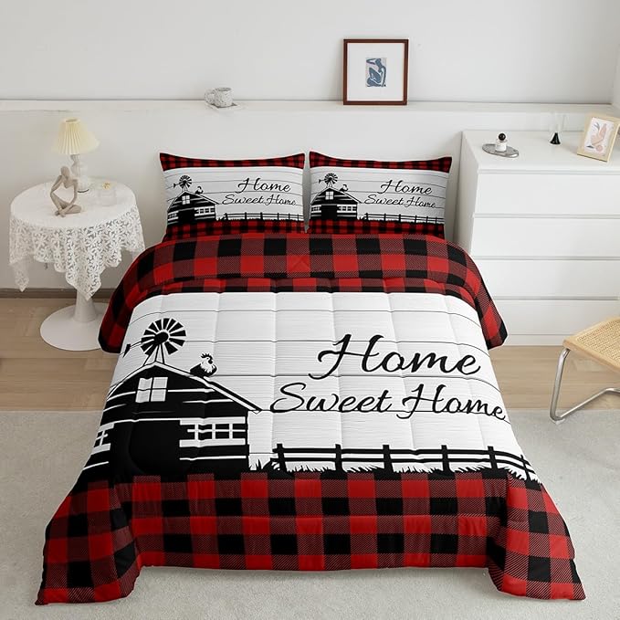Buffalo Plaid Farmhouse Bedding Sets Full Rustic Cabin Comforter Set For Kids Adults Black Red Grids Windmill House Duvet Insert Western Country Home Room Decor Wooden Barn Door Quilt Comforter