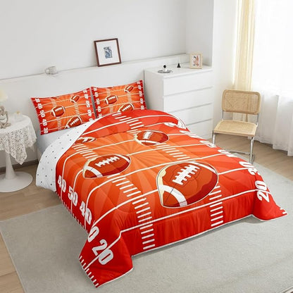 Feelyou Rugby Comforter Set King Size Football Comforter for Boys Girls Teens Sports Games Bedding Set Soccer Ball Game Duvet Set Room Decor Dark Orange Quilt Set