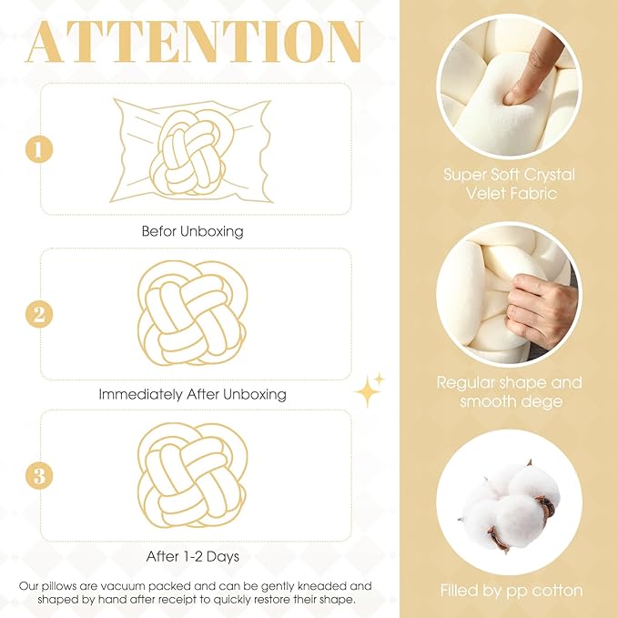 2 Pcs Knot Pillow Balls Set, 12 Inch Soft Decorative Throw Knot Pillow Ball, Large Square Knotted Floor Cushion for Living Room Bedroom Sofa Couch Bed Home Decoration(Beige)
