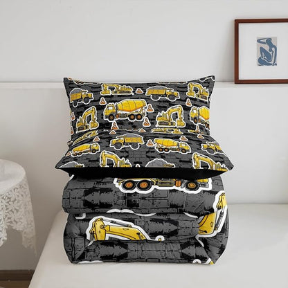 Erosebridal Excavator Comforter Set King Concrete Truck Pattern Bedding Set Child Teens Construction Down Comforter for Kids Boys Cartoon Toy Cars Quilt Set Bedroom Decor, Grey