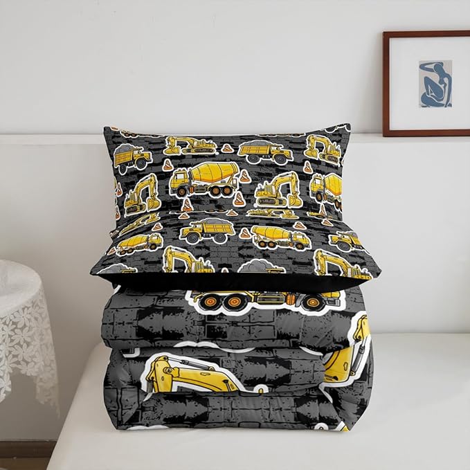 Erosebridal Excavator Comforter Set Queen Concrete Truck Pattern Bedding Set Child Teens Construction Down Comforter for Kids Boys Cartoon Toy Cars Quilt Set Bedroom Decor, Grey
