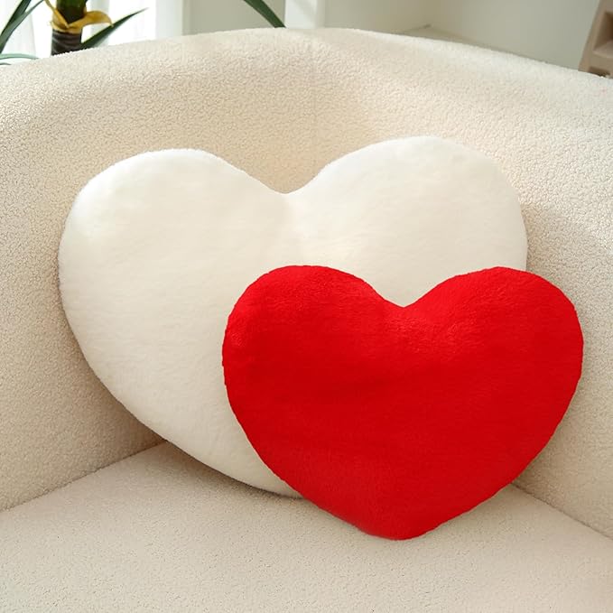 2 Pcs Heart Pillows Red White Love Heart Shaped Throw Pillows Valentines Wedding Anniversary Faux Rabbit Fluffy Decorative Cushions for Livingroom Bed Sofa Car Couch Home Decor Aesthetic