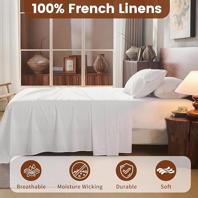100% Linen Sheets Queen Size,Breathable & Durable 4-Piece Bed Flax Sheet Set,Soft All-Season Bedding for Hot Sleepers 16" Deep Pocket Oeko-TEX Certified,（Queen, White）