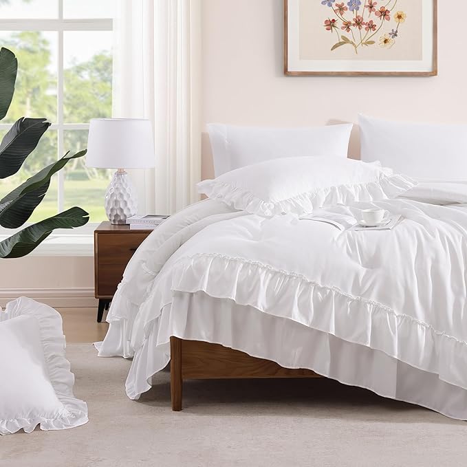 King Size Comforter Set White, Ruffle Shabby Chic Bedding Set Farmhouse 7 Pieces, All Season Fluffy Bed in a Bag with Sheets, Pillowcases & Shams