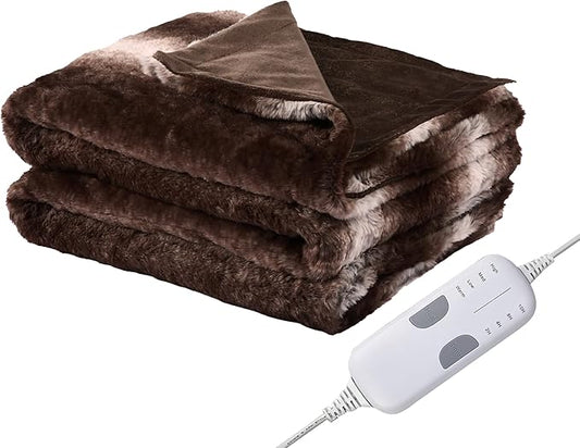 Electric Heated Blanket Throw Size 50"×60" with 4 Heating Levels & 4 Hours Auto Off, Heating Throw Plush Faux Fur, Energy Efficient, Machine Washable, Brown White