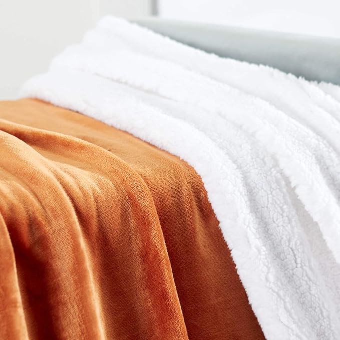 Genteele Sherpa Throw Blanket Super Soft Reversible Ultra Luxurious Plush Blanket, 50 x 60 inches, Burnt Orange/White