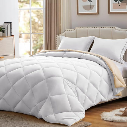 NexHome Queen Comforter Set Beige&White,3 Pieces Lightweight Comforters Queen Size Reversible Bedding Comforters Sets,Down Alternative Comforter Bed Set Quilt Blanket(88x88In Comforter & 2 Pillowsham)