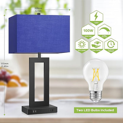 Set of 2 Touch Control Table Lamps with 2 USB Ports&AC Outlet, 3-Way Dimmable Modern Nightstand Lamp Sets, Bedside Desk Lamps for Bedroom Living Room End Tables Reading, Bulbs Included, Blue Shade