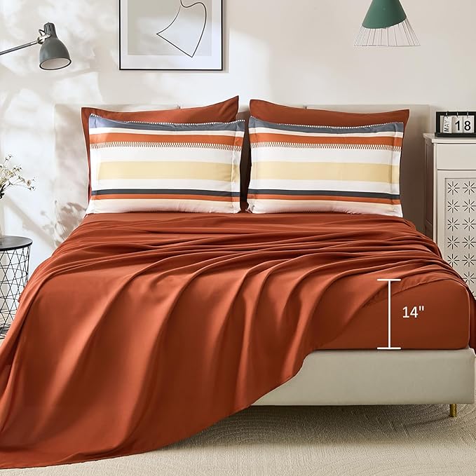 WONGS BEDDING King Size Comforter Set, 7 Pieces Bed in a Bag Orange Bed Set, Soft Boho Striped Bedding Sets with Sheets, Pillowcases & Shams