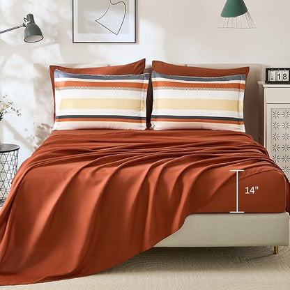WONGS BEDDING King Size Comforter Set, 7 Pieces Bed in a Bag Orange Bed Set, Soft Boho Striped Bedding Sets with Sheets, Pillowcases & Shams