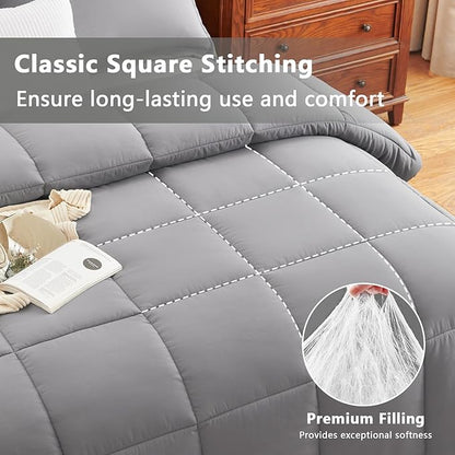 CozyLux Queen Comforter Set - Grey Comforters Queen Size, 3 Pieces Box Stitched Bed Set for All Seasons, Soft Lightweight Bedding Sets with 1 Down Alternative Comforter and 2 Pillow Shams