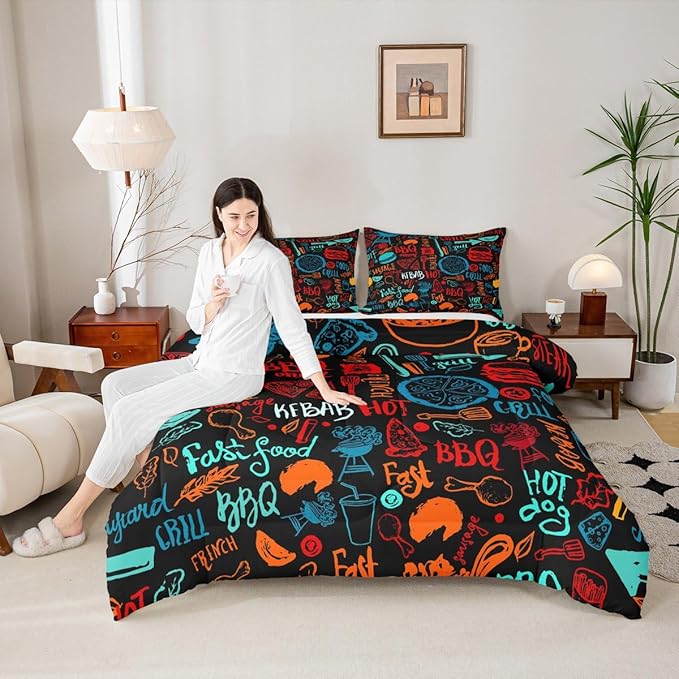 Castle Fairy Colorful Hand Drawn Line Art 3 Pcs King Size Comforter Set,Delicious Food Down Alternative Adults Bedroom Decor,Barbecue Theme Ultra Soft Microfiber Inner Fill 3Pcs Bedding
