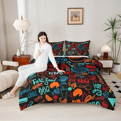 Castle Fairy Colorful Hand Drawn Line Art 3 Pcs King Size Comforter Set,Delicious Food Down Alternative Adults Bedroom Decor,Barbecue Theme Ultra Soft Microfiber Inner Fill 3Pcs Bedding