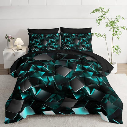Turquoise Black Geometric Comforter Set Queen Size 7PCS,Abstract Triangular Printed Bedding Set for Adults,Geometric Mordern Art Decor All Seasons with Pillowcases,Flat, Fitted Sheet