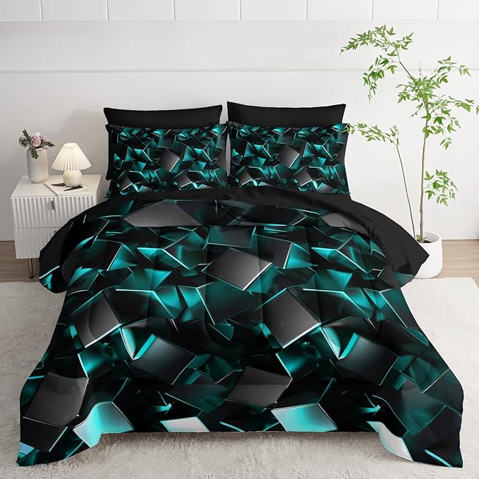Turquoise Black Geometric Comforter Set King Size 7PCS,Abstract Triangular Printed Bedding Set for Adults,Geometric Mordern Art Decor All Seasons with Pillowcases,Flat, Fitted Sheet
