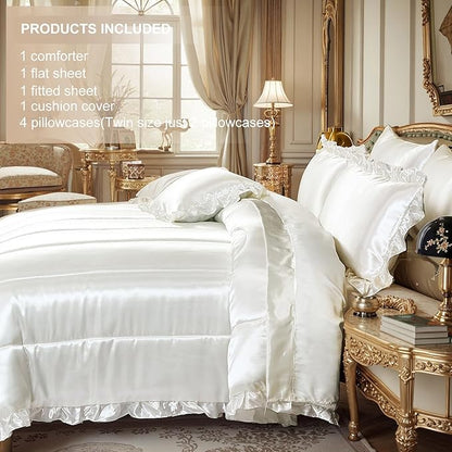 Silk Like Satin Comforter Set with Sheet Set Queen 8 Pcs White Satin Bedding Set Silky Ruffle Pattern Home Deocr Luxury Hotel Silky Bed in a Bag with 1 Cushion Cover