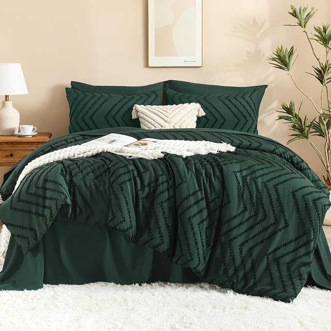 Litanika California King Comforter Set with Sheets Emerald Green - 7 Pieces Cal King Bed in a Bag Chevron Tufted Complete Bedding Sets with Comforter, Sheets, Pillowcases & Shams