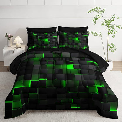 Geometric Green Black Queen Comforter Set,Light Honeycomb Bedding Set 7 Piece in A Bag,Bed Sheet Set Geometry Decor,Microfiber Lightweight All Season