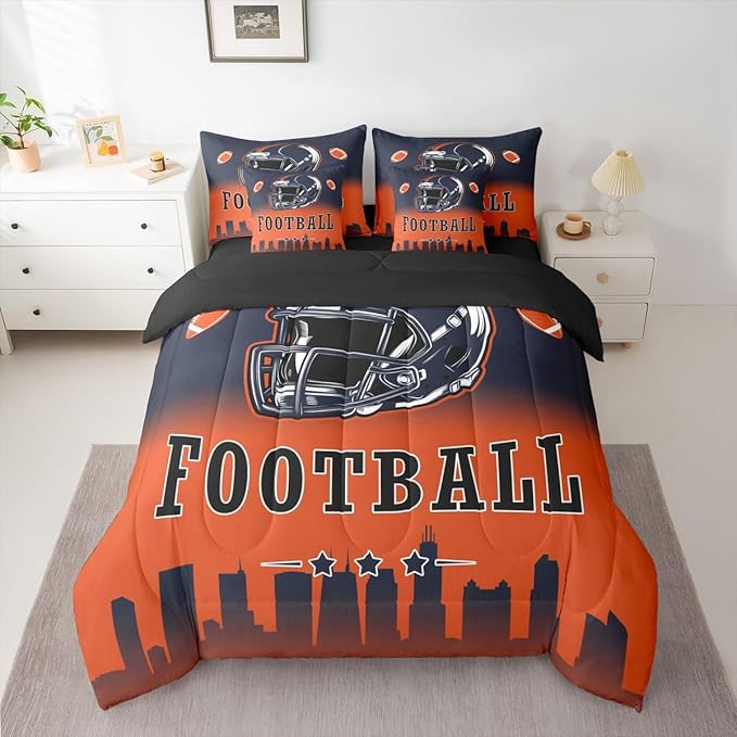 Erosebridal Football Boys Twin 7 Piece Bedding Set American Soccer Sports Comforter Set with Sheets Sports Rugby Orange Blue Bed in A Bag for Kids Teen Adults,Ball Games Bed Set
