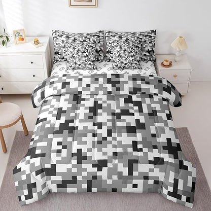 Grey Black Camo 7Pcs Comforter Set Queen Size,Geometric Pixelated Themed Bedding Set for Kids Girls Boys Teens Room Decor,Modern Camouflage Fitted Flat Sheet Video Games 2 Throw Pillow,2 Pillowcases