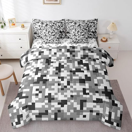 Grey Black Camo 7Pcs Comforter Set Queen Size,Geometric Pixelated Themed Bedding Set for Kids Girls Boys Teens Room Decor,Modern Camouflage Fitted Flat Sheet Video Games 2 Throw Pillow,2 Pillowcases
