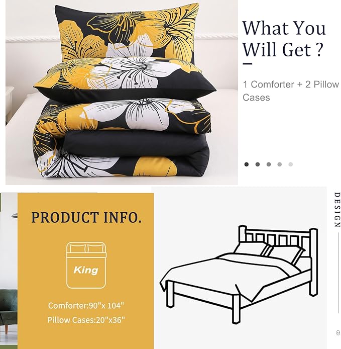 Menghomeus King Size Comforter Set Black/Gold Floral Bedding Comforter Sets Soft Microfiber Bed Comforter Set for All Season 3 Piece Botanical Flowers Comforter, Pillowcases