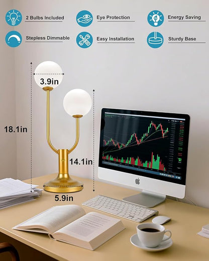 Gold Globe Table Lamp for Bedroom 2-Light Mid Century Modern Desk Lamp for Reading 3000K Warmwhite Dimmable Bedside Lamps Nightstand Lamp (G9 Bulb Included)