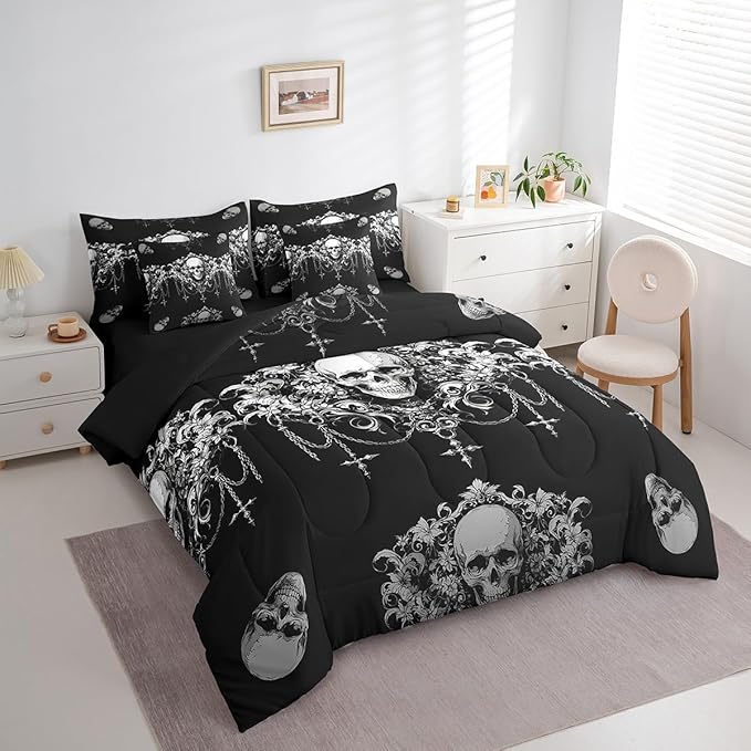 Erosebridal Gothic Bed in a Bag King Size Comforter Set 7 Pieces,Goth Sugar Skull Bedding Set,Black White Damask Bohemian Vintage Floral Comforter and Sheet Set,Exotic Antique Victorian Baroque Decor