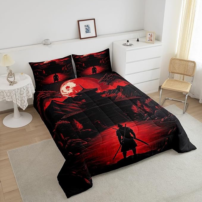 Feelyou Dragon Comforter Set Toddler Size Japanese Style Comforter for Boys Girls Teens Samurai Bedding Set Sunset Duvet Set Room Decor Red Black Quilt Set