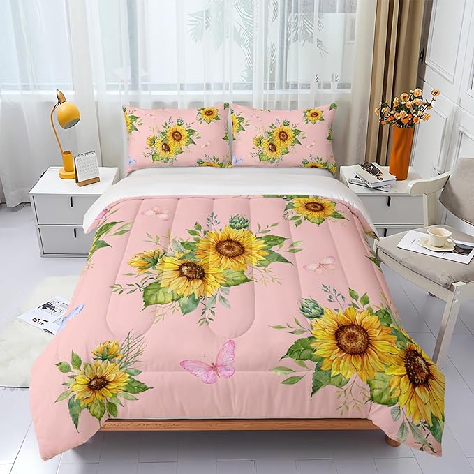 Sunflower Pink Comforter Set Queen Size for Women Adults,3 Piece Butterfly Floral Bedding Set,Microfiber Quilts with 2 Shams Soft Lightweight Quilt Room Decor,Pink