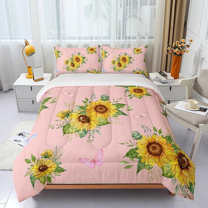 Sunflower Pink Comforter Set Twin Size for Women Adults,3 Piece Butterfly Floral Bedding Set,Microfiber Quilts with 2 Shams Soft Lightweight Quilt Room Decor,Pink