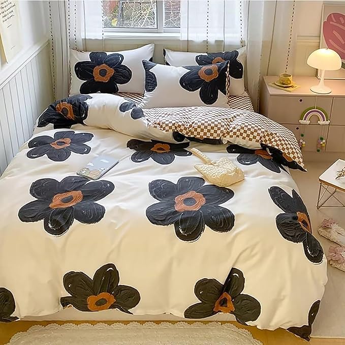 Luxlovery Black Floral Comforter Set Twin Botanical Sunflower Bedding Comforter Set Women Girls Cute Chic Sunflower Blanket Teen Girls Kids Quilts 3 Piece Bedding Set for Twin Bed