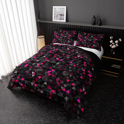 Geometric Pink Black Comforter Set,Triangle Honeycomb 3 PCS Bedding Set Twin Size for Teen Adult,Modern Quilt Set Geometry Decor,Microfiber Lightweight 1 Comforter 2 Pillowcases