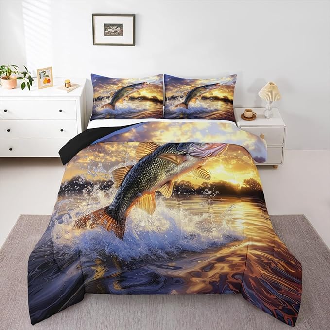 Erosebridal Fishing Theme King Bedding Set - Big Bass Pike Fish Comforter Set for Boys Kids Men | Farmhouse Lake House Quilt | Fisherman Hunting Bedroom Decor with 2 Pillowcases