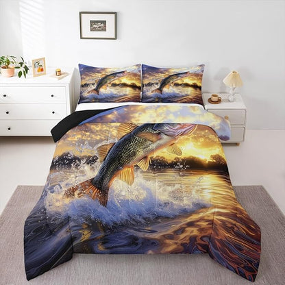 Erosebridal Fishing Theme King Bedding Set - Big Bass Pike Fish Comforter Set for Boys Kids Men | Farmhouse Lake House Quilt | Fisherman Hunting Bedroom Decor with 2 Pillowcases