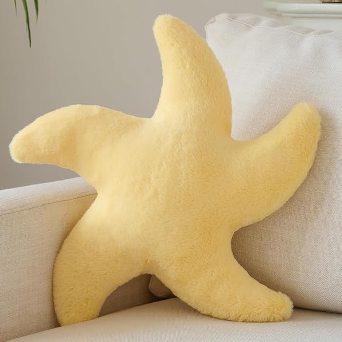Starfish Pillow, Cute Decorative Pillows for Couch Bed, Aesthetic Room Decor Accent Pillow Plush with Soft Faux Rabbit Fur for Bedroom Living Room (Goose Yellow, 19.6 Inches)