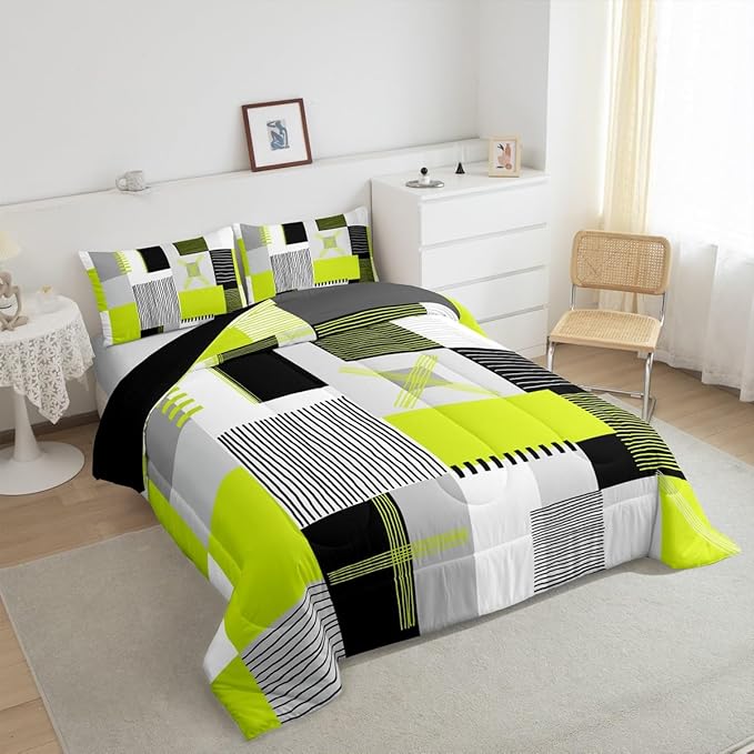 Erosebridal Lime Green Grey Comforter Set King Black White Abstract Bedding Set for Kids Boys Teen Men Geometric Square Quilt Grids Checkered Duvet Insert Modern Fashion Room Decor 3 Pcs