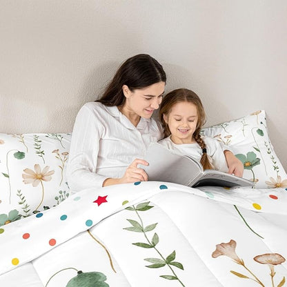 Erosebridal Watercolor Floral Comforter Set Queen, Sage Green Beige Flower Bedding Set for Girls Teens Adult Women Bedroom, Modern Minimalist White Down Comforter Pastoral Branches Aesthetic Quilt