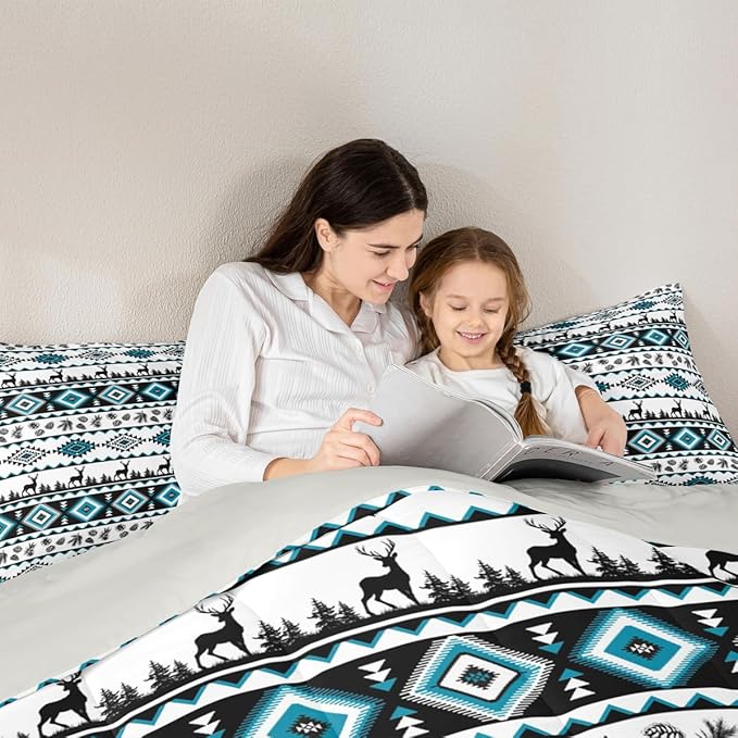 Deer Silhouettes Comforter Set with 2 Pillowcases,Aztec Abstract Geometric Print Super Soft Bedding Set for Adults Teens,Western Elk Animals Southwest Tribal Ethnic Duvet Set for Room Decor,King