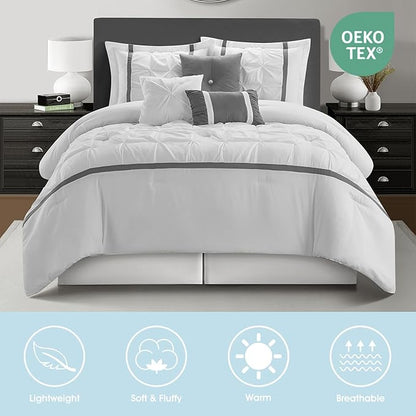 White Grey Comforter Set, King, 7 Piece Bed in a Bag, Microfiber Handcrafted Pintucking, All Season Bedding Set with Comforter, Bedskirt, Pillow Shams and Decro Pillows