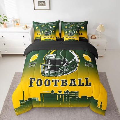 Erosebridal Football King Boys 7 Piece Bedding Set American Soccer City Comforter Set with Sheets Rugby Sports Games Bed in A Bag for Kids Teen Adults,Green Yellow Soft Warm Bed Set