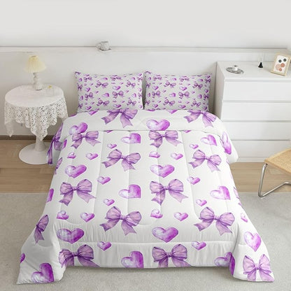 Erosebridal Purple Bow Girls Bedding Set with Sheets Twin Ribbon Bowknot Comforter Set for Kids Teen Girls Women Bedroom Dreamy Princess Coquette Comforter Trendy Preppy Bows Quilt Duvet