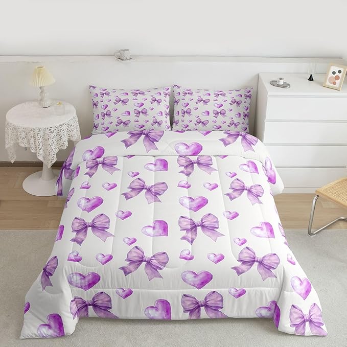 Erosebridal Purple Bow Girls Bedding Set with Sheets King Ribbon Bowknot Comforter Set for Kids Teen Girls Women Bedroom Dreamy Princess Coquette Comforter Trendy Preppy Bows Quilt Duvet
