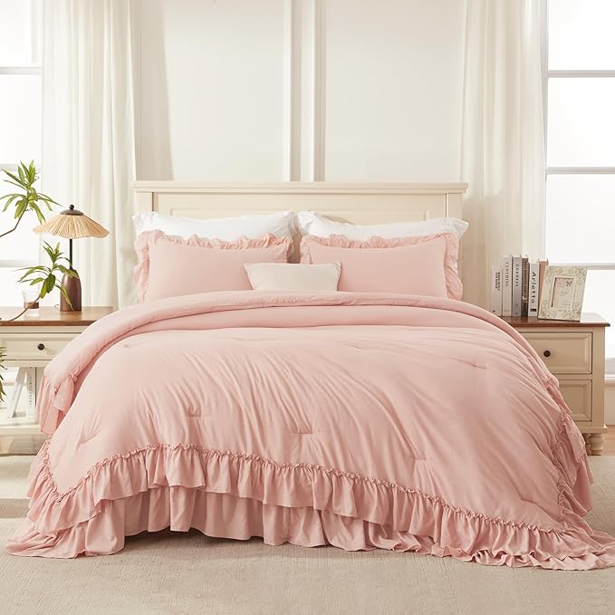 Andency Blush California King Comforter Set(104x96Inch), 3 Pieces Farmhouse Shabby Chic Ruffle Bed Comforter, Lightweight Fluffy Soft Microfiber All Season Bedding Comforter Sets