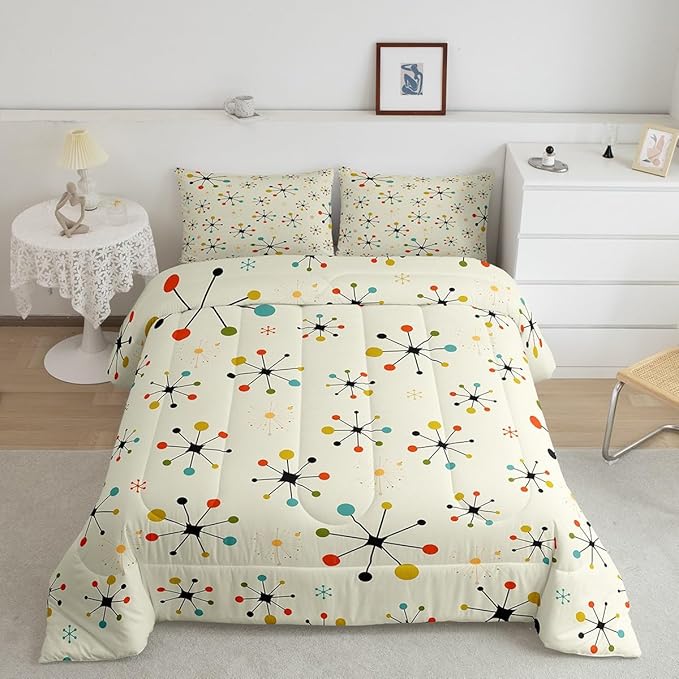 Erosebridal Modern Mid Century Comforter Set Queen Retro Atomic Bedding Set, Rainbow Grid Bedding Comforter Sets Vintage Fifties 1950s Duvet Set, Aesthetic Abstract Art Quilted Comforter Beige 3pcs