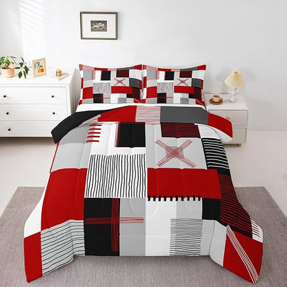 Erosebridal Red Grey Comforter Set Queen for Kids Boys Teen Black White Abstract Bedding Set Modern Fashion Room Decor Geometric Square Quilt Grids Checkered Duvet Insert 3 Pcs